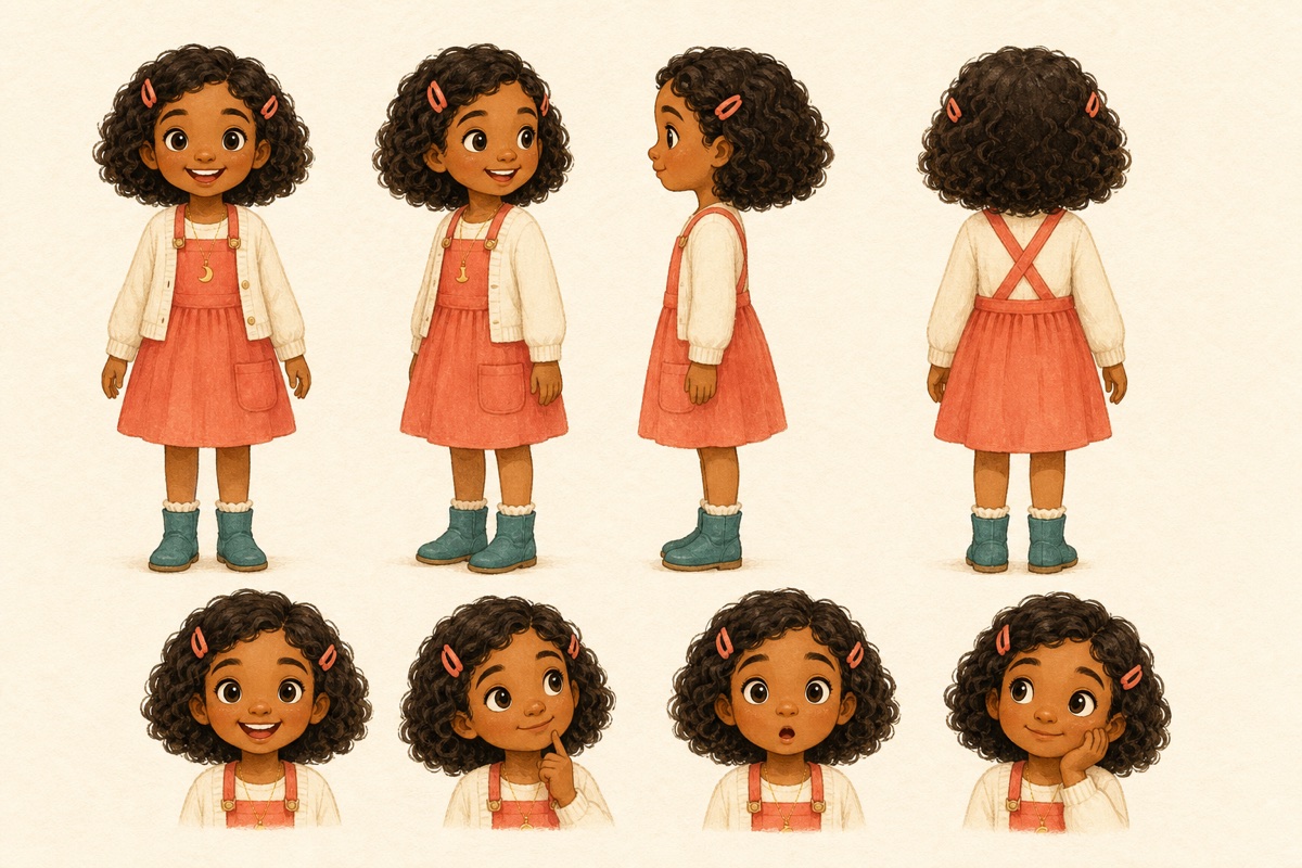 Approved character sheet for Lily showing consistent turnaround views and facial expressions