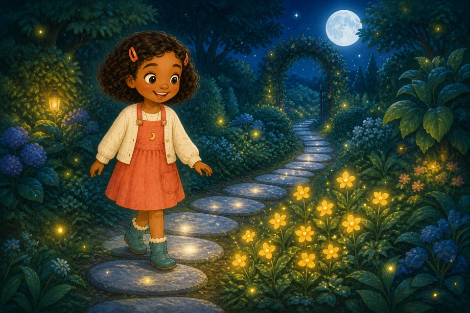 Lily exploring a magical moonlit garden in a finished storybook illustration