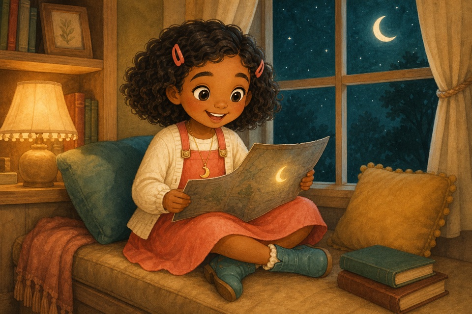 The same Lily character discovering a glowing clue on a map in a cozy reading nook